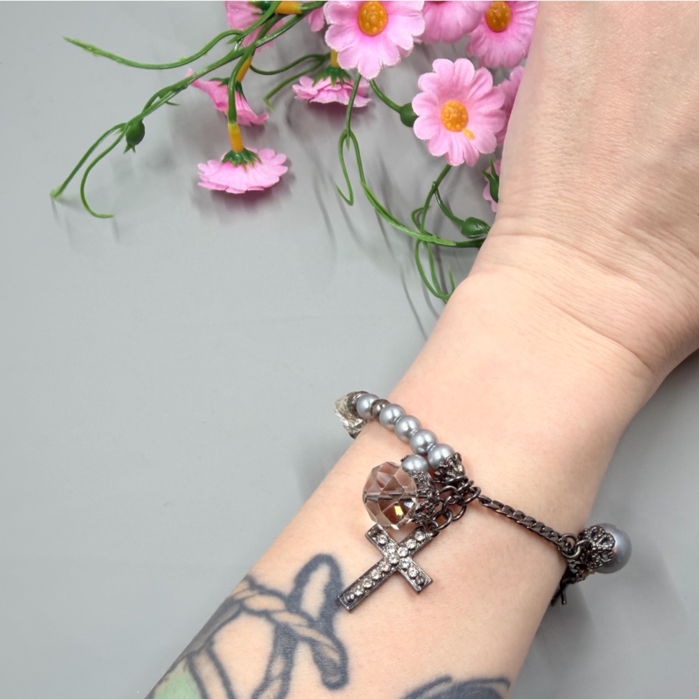 Vintage Silver Cross Charm Bracelet with Crystal Accents